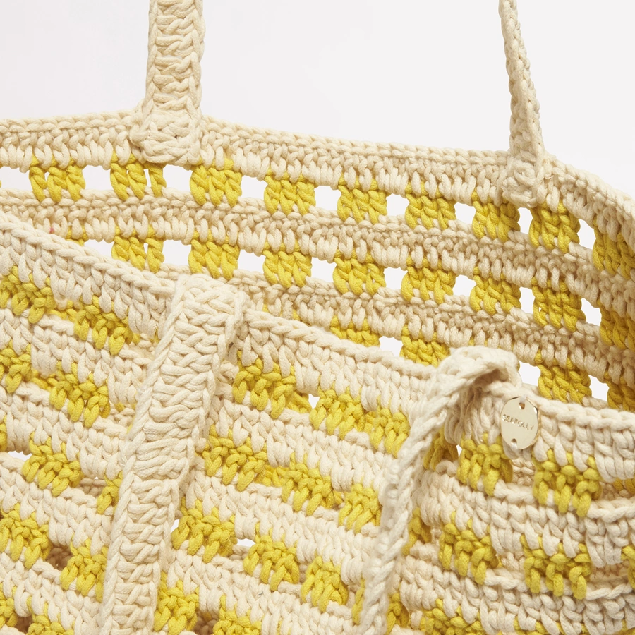 Woven Cord Tote, Jaune avec motifs, large