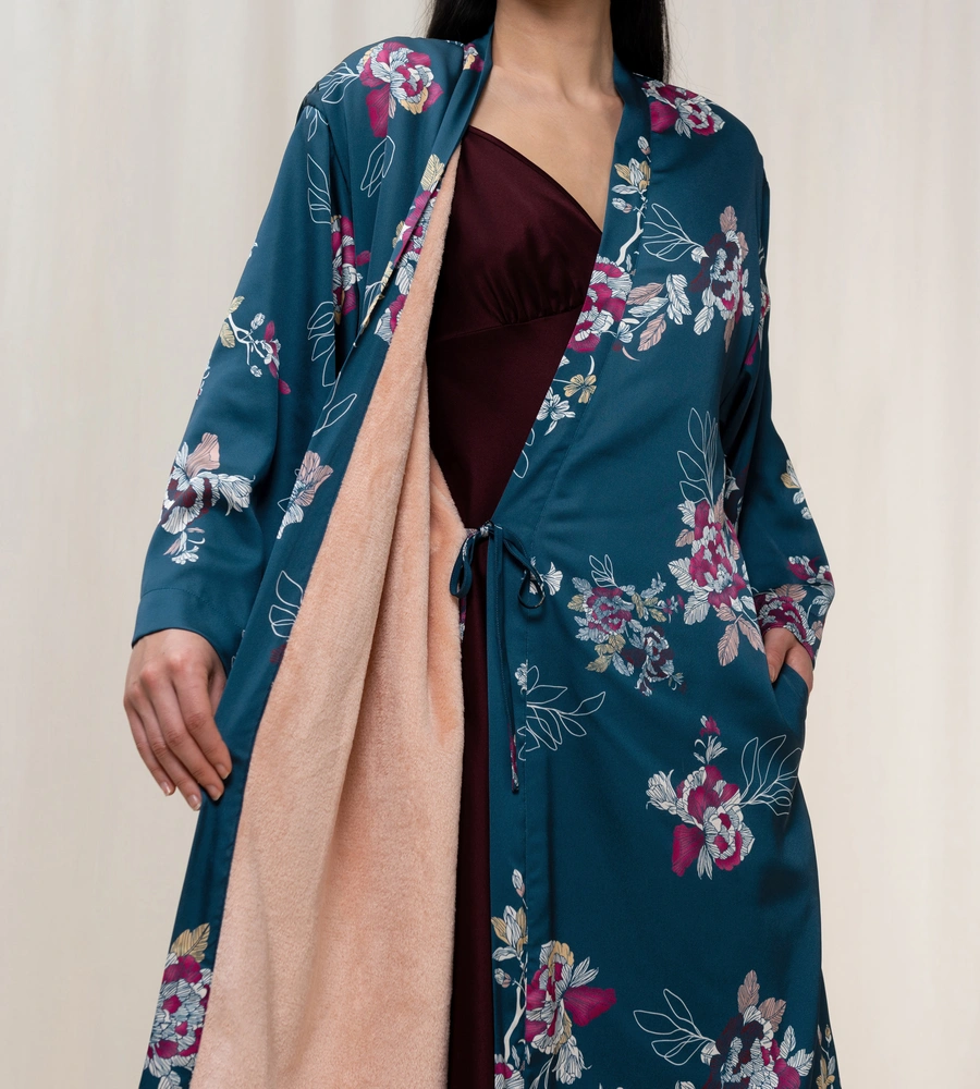 Satin Robe, Petrol gemustert, large