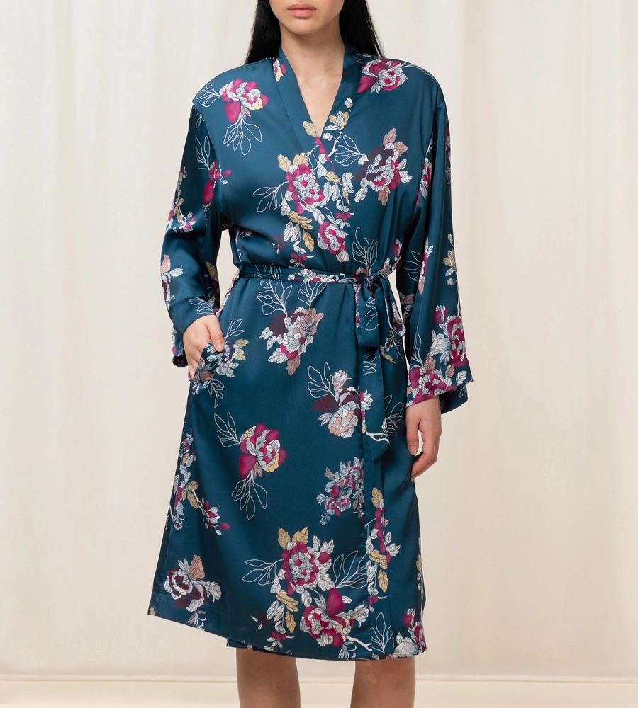 Satin Robe, Petrol gemustert, large